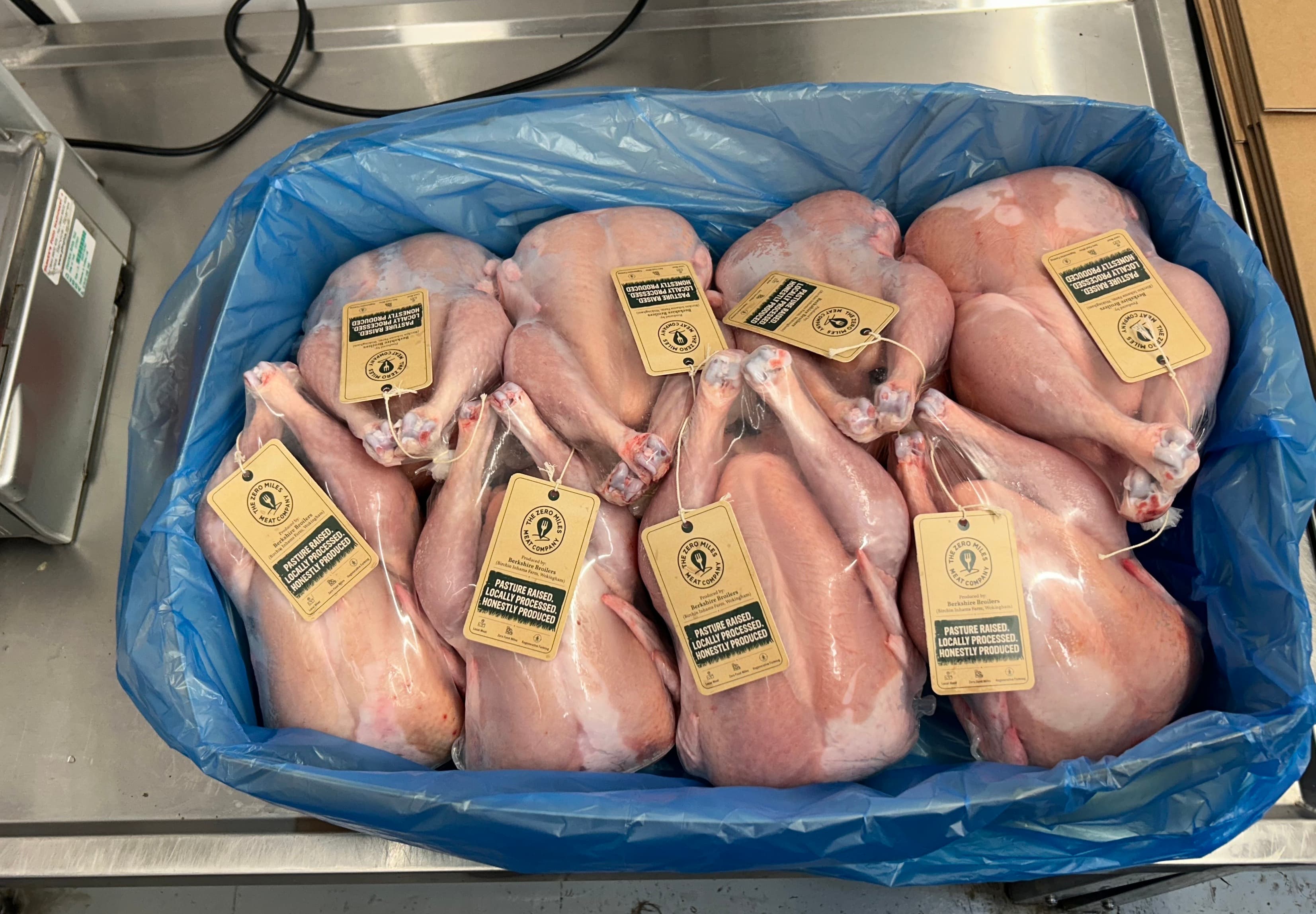 Berkshire Broilers pasture-raised chickens, packed and ready for delivery